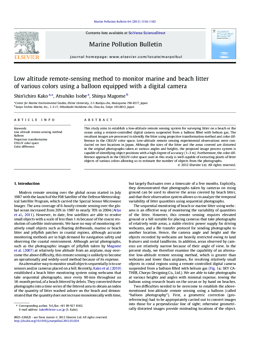 Low altitude remote-sensing method to monitor marine and beach litter of various colors using a balloon equipped with a digital camera