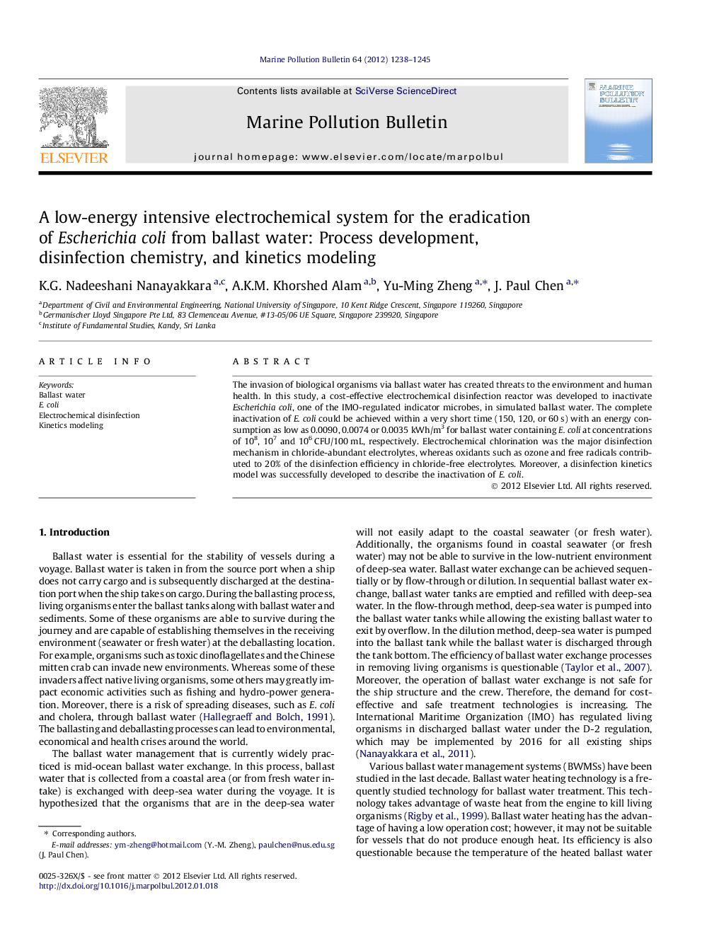 A low-energy intensive electrochemical system for the eradication of Escherichia coli from ballast water: Process development, disinfection chemistry, and kinetics modeling