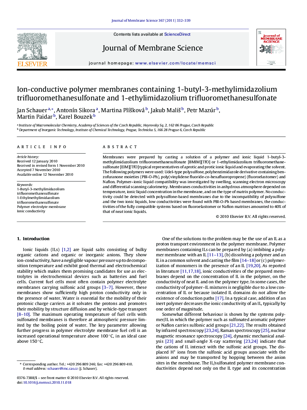 Ion-conductive polymer membranes containing 1-butyl-3-methylimidazolium trifluoromethanesulfonate and 1-ethylimidazolium trifluoromethanesulfonate