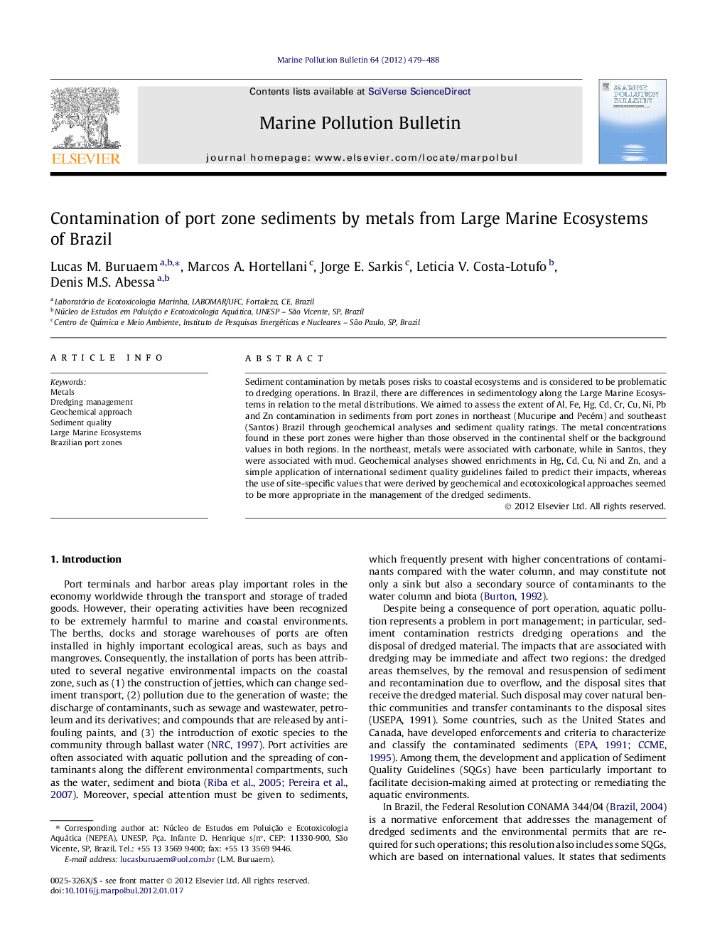 Contamination of port zone sediments by metals from Large Marine Ecosystems of Brazil