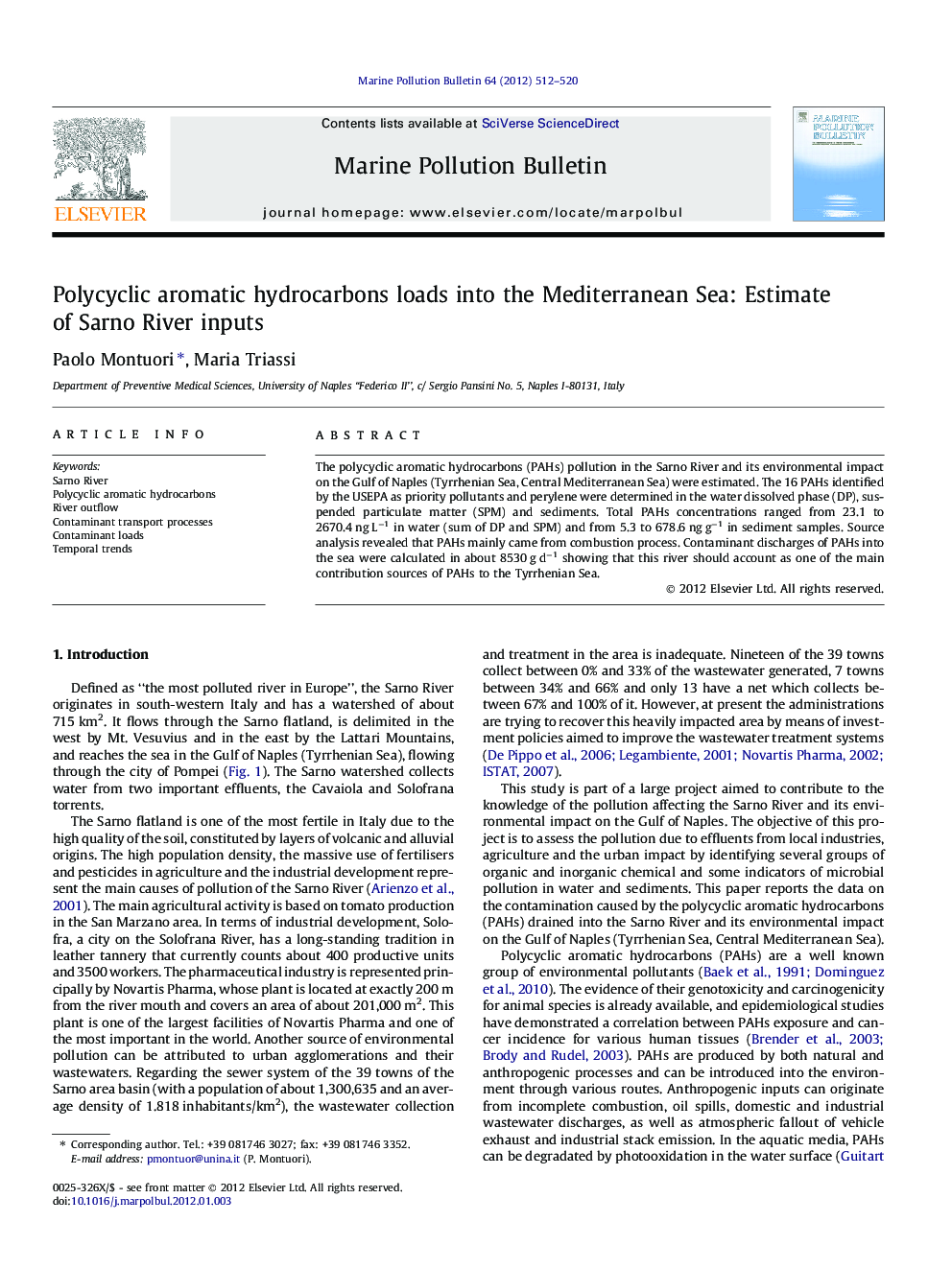 Polycyclic aromatic hydrocarbons loads into the Mediterranean Sea: Estimate of Sarno River inputs