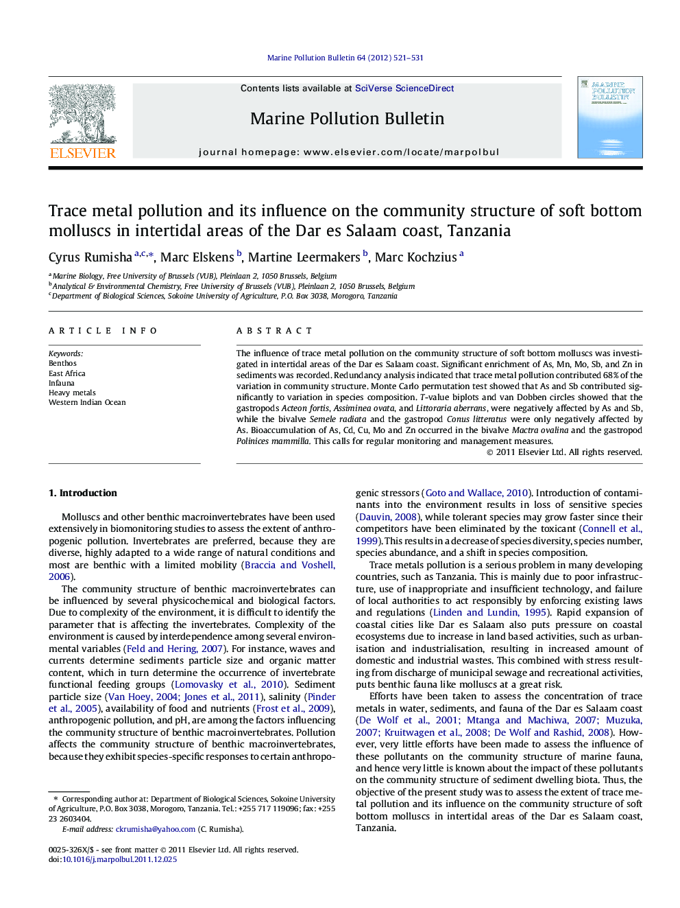 Trace metal pollution and its influence on the community structure of soft bottom molluscs in intertidal areas of the Dar es Salaam coast, Tanzania