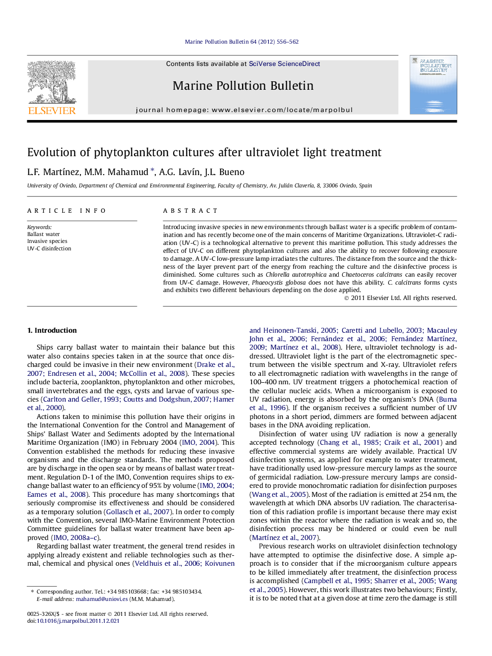 Evolution of phytoplankton cultures after ultraviolet light treatment