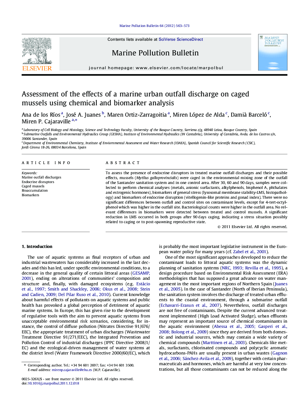 Assessment of the effects of a marine urban outfall discharge on caged mussels using chemical and biomarker analysis