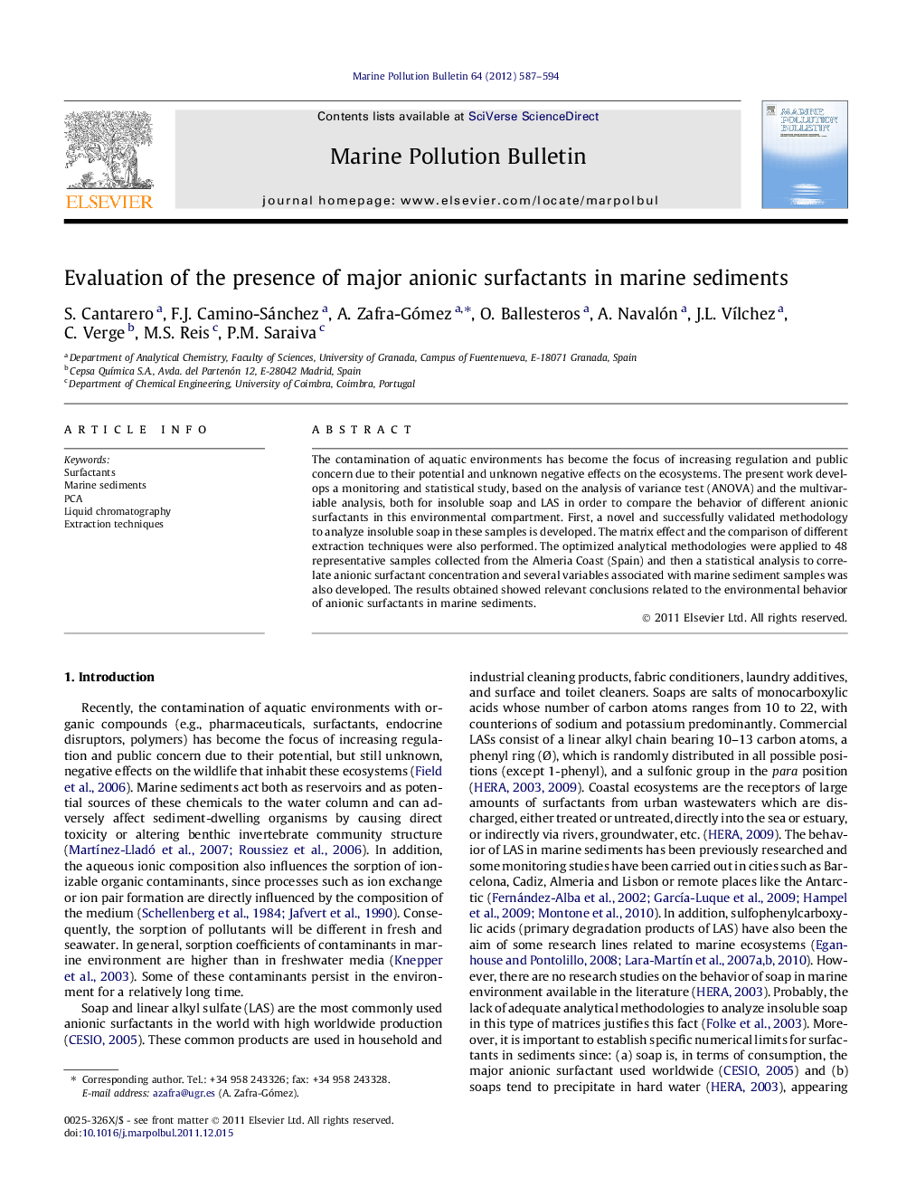 Evaluation of the presence of major anionic surfactants in marine sediments