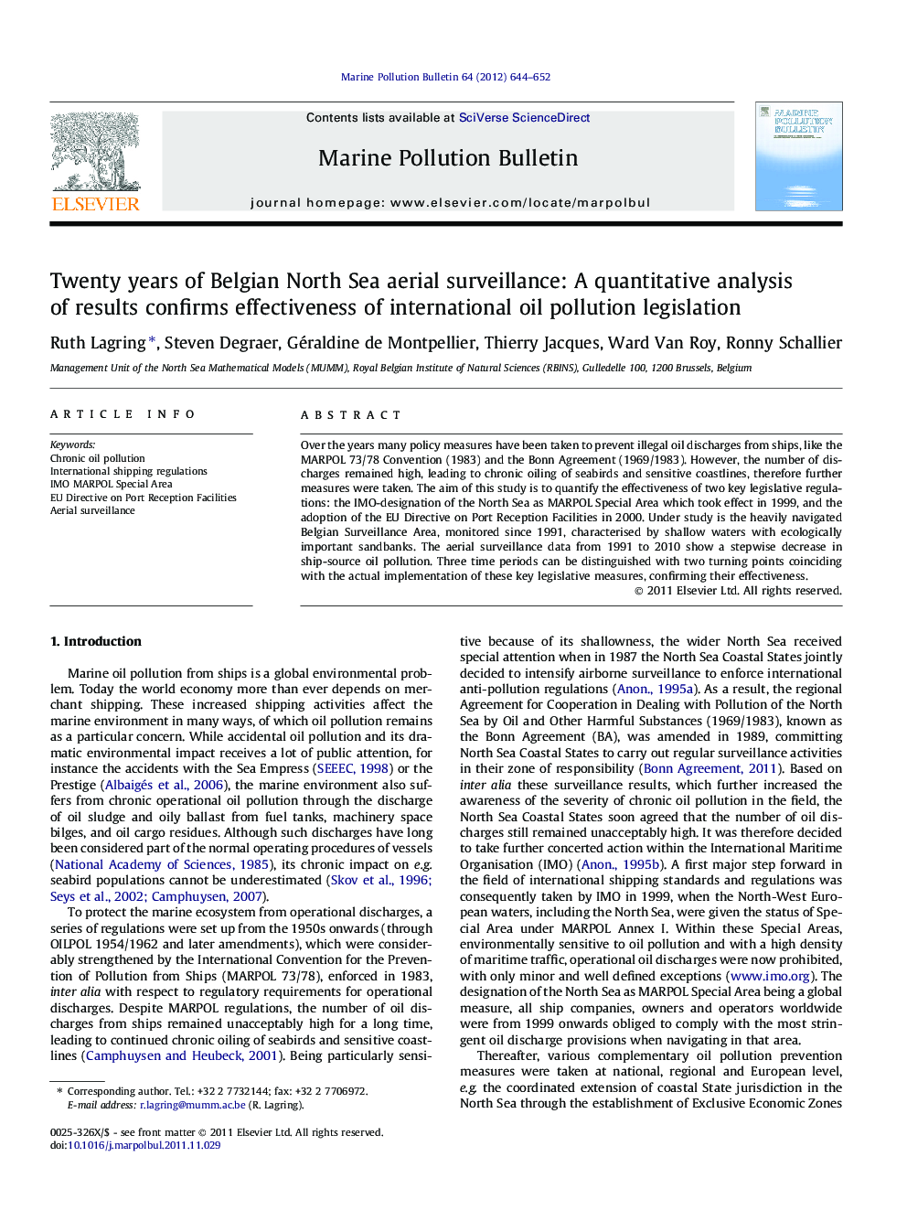 Twenty years of Belgian North Sea aerial surveillance: A quantitative analysis of results confirms effectiveness of international oil pollution legislation