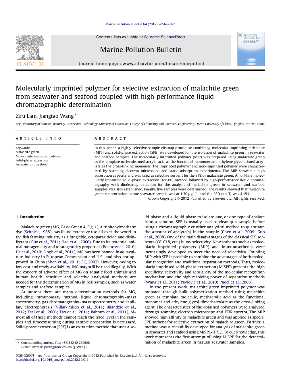 Molecularly imprinted polymer for selective extraction of malachite green from seawater and seafood coupled with high-performance liquid chromatographic determination