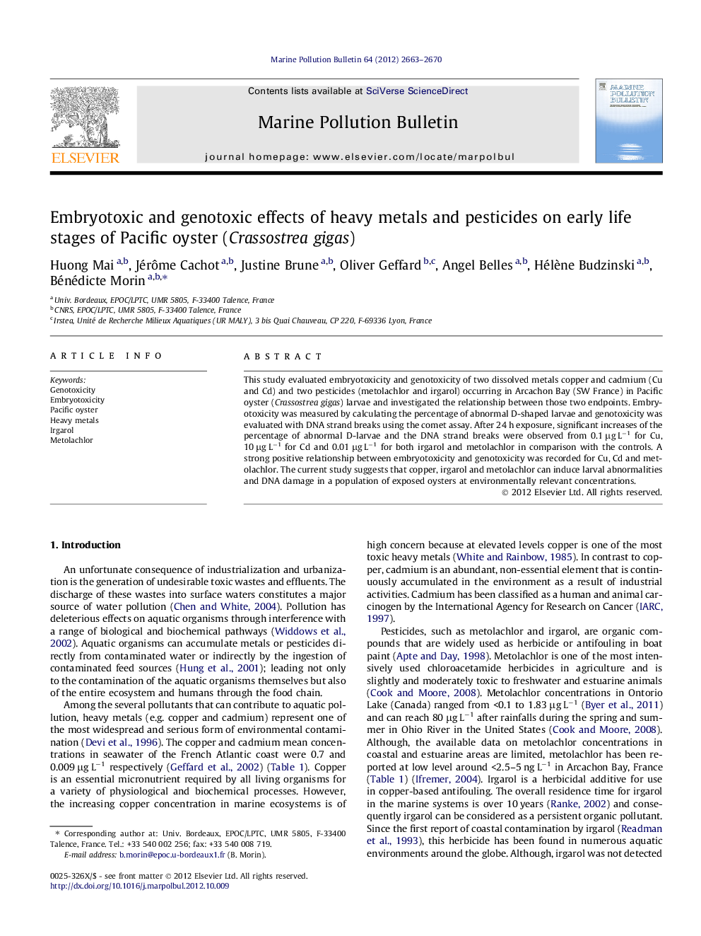 Embryotoxic and genotoxic effects of heavy metals and pesticides on early life stages of Pacific oyster (Crassostrea gigas)