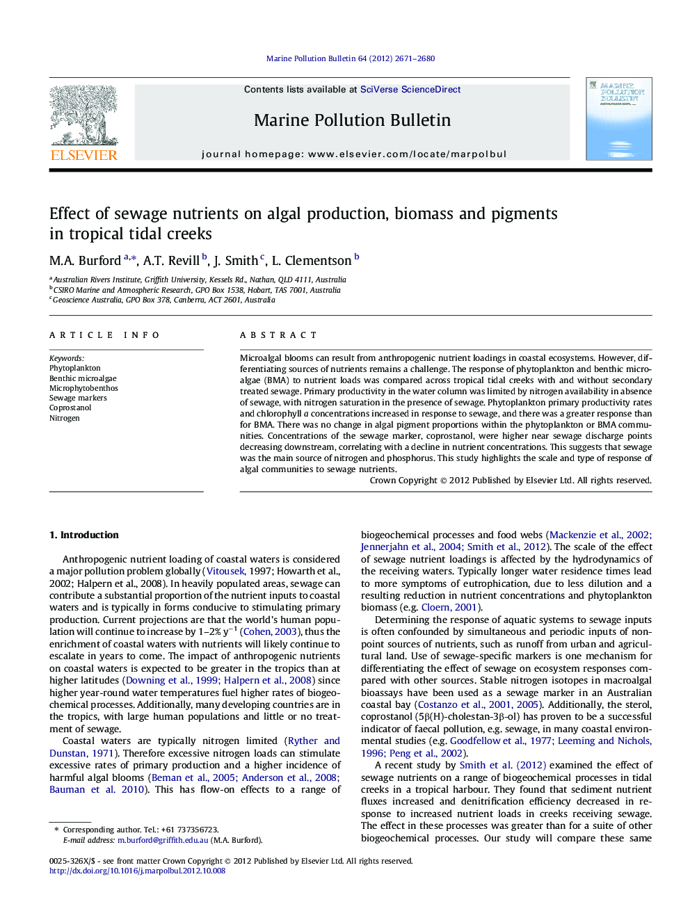 Effect of sewage nutrients on algal production, biomass and pigments in tropical tidal creeks