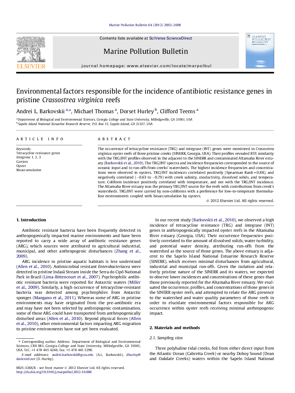 Environmental factors responsible for the incidence of antibiotic resistance genes in pristine Crassostrea virginica reefs