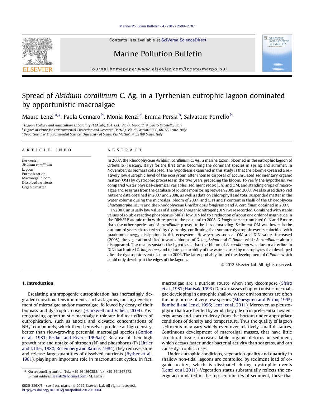 Spread of Alsidium corallinum C. Ag. in a Tyrrhenian eutrophic lagoon dominated by opportunistic macroalgae