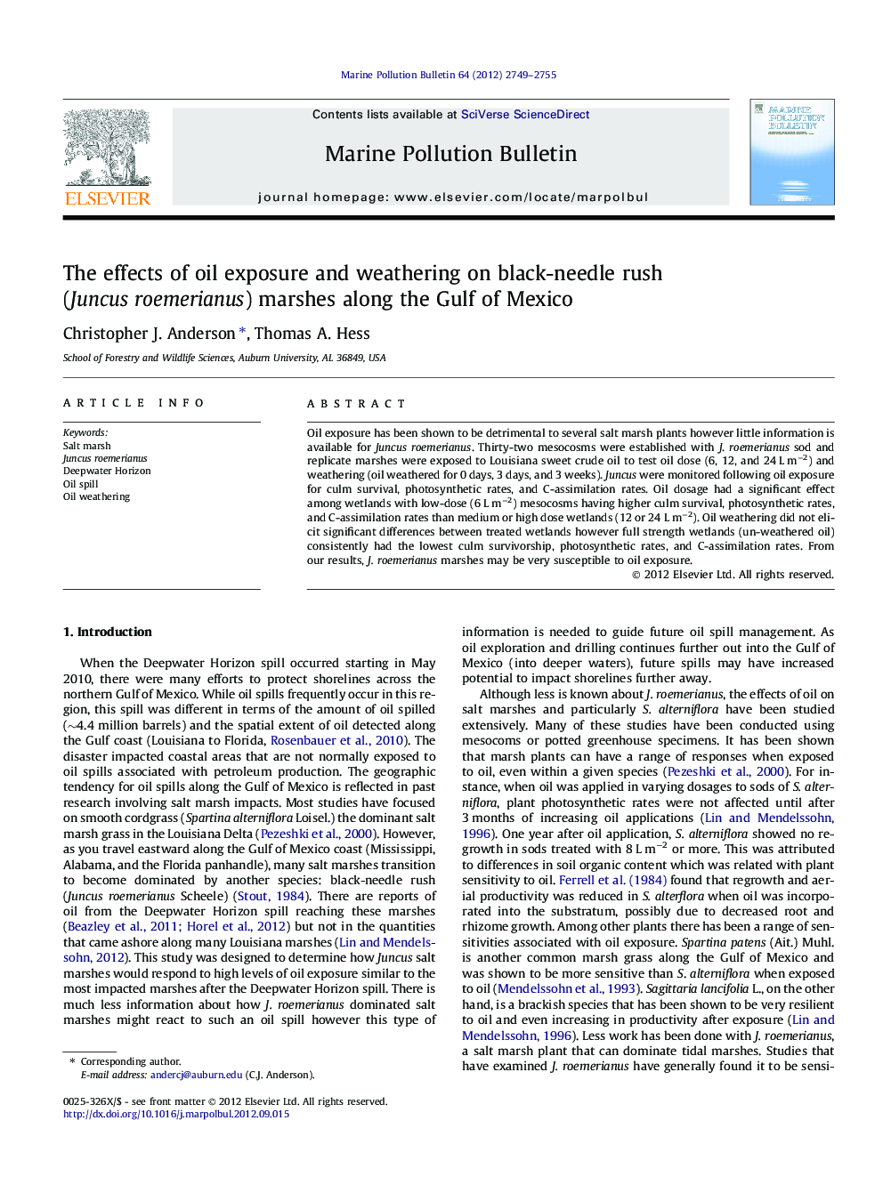 The effects of oil exposure and weathering on black-needle rush (Juncus roemerianus) marshes along the Gulf of Mexico