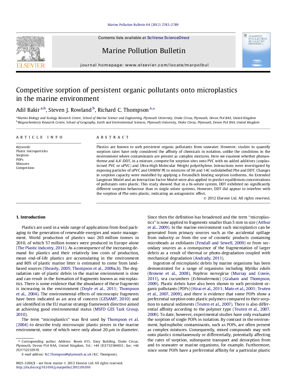 Competitive sorption of persistent organic pollutants onto microplastics in the marine environment