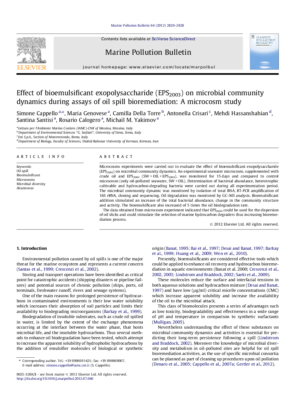 Effect of bioemulsificant exopolysaccharide (EPS2003) on microbial community dynamics during assays of oil spill bioremediation: A microcosm study