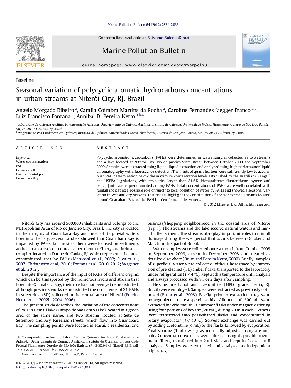 Seasonal variation of polycyclic aromatic hydrocarbons concentrations in urban streams at Niterói City, RJ, Brazil