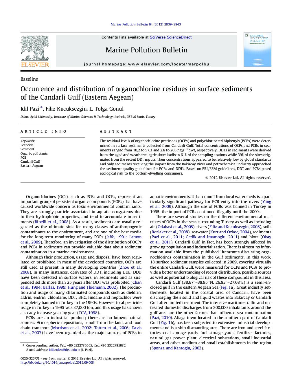 Occurrence and distribution of organochlorine residues in surface sediments of the Candarli Gulf (Eastern Aegean)