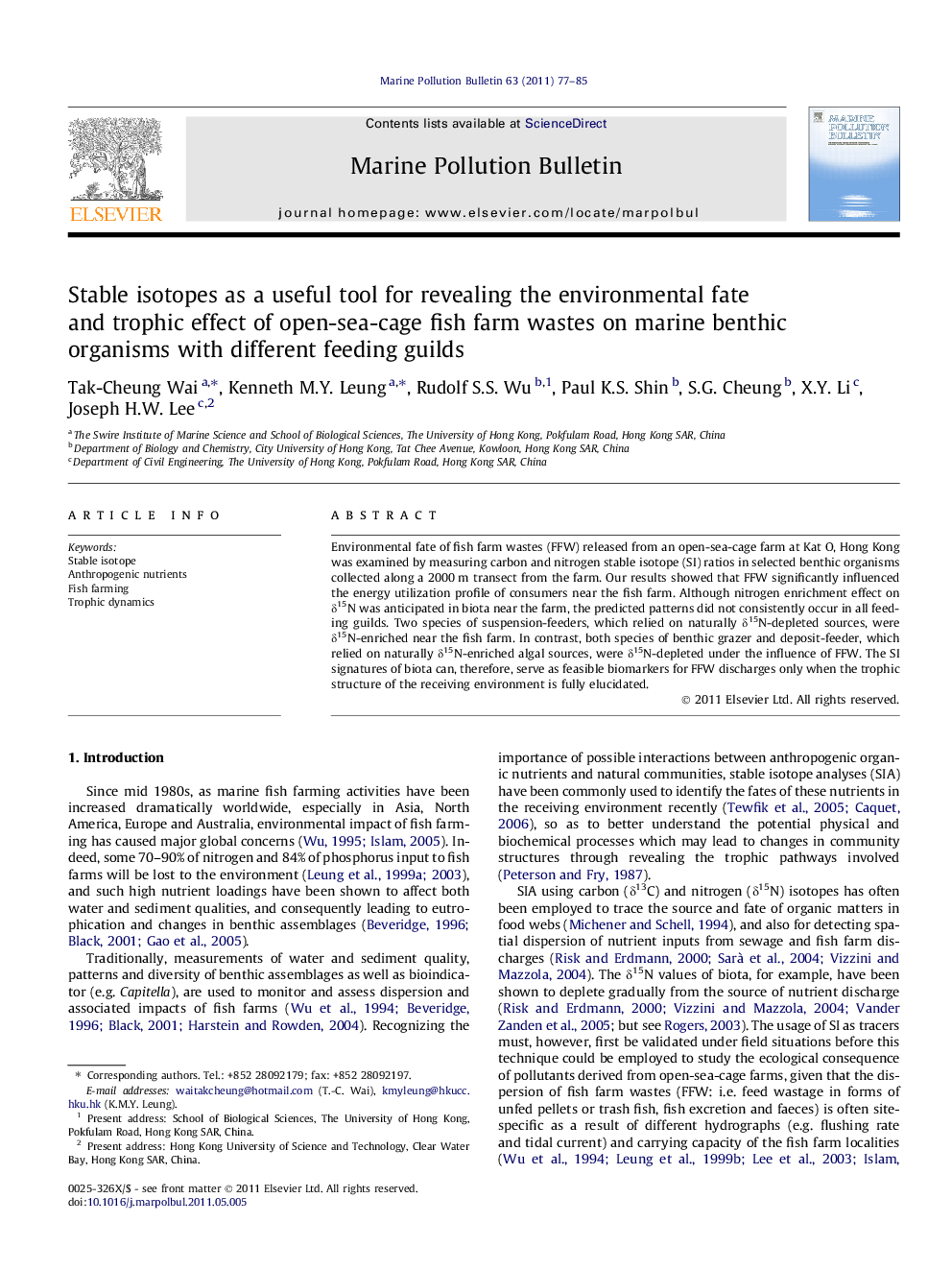 Stable isotopes as a useful tool for revealing the environmental fate and trophic effect of open-sea-cage fish farm wastes on marine benthic organisms with different feeding guilds