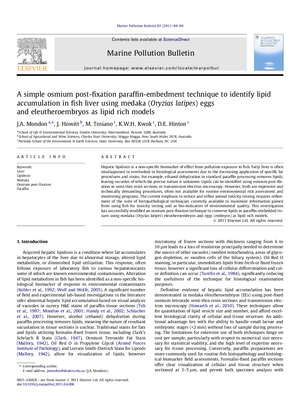 A simple osmium post-fixation paraffin-embedment technique to identify lipid accumulation in fish liver using medaka (Oryzias latipes) eggs and eleutheroembryos as lipid rich models