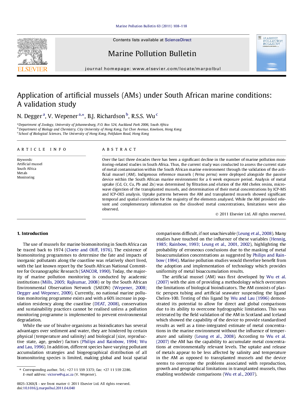 Application of artificial mussels (AMs) under South African marine conditions: A validation study