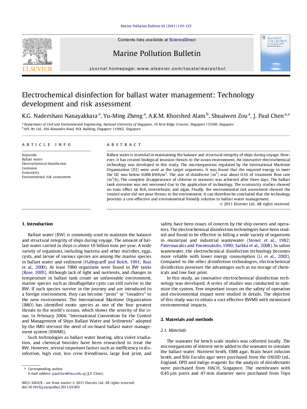 Electrochemical disinfection for ballast water management: Technology development and risk assessment