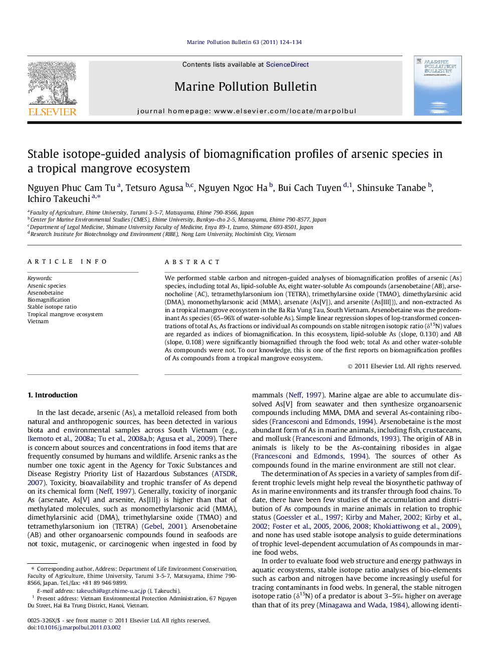 Stable isotope-guided analysis of biomagnification profiles of arsenic species in a tropical mangrove ecosystem