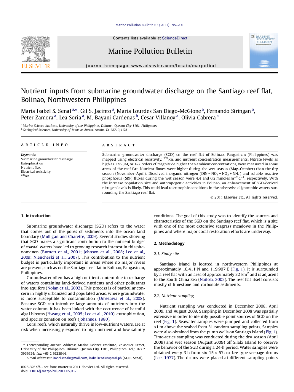 Nutrient inputs from submarine groundwater discharge on the Santiago reef flat, Bolinao, Northwestern Philippines