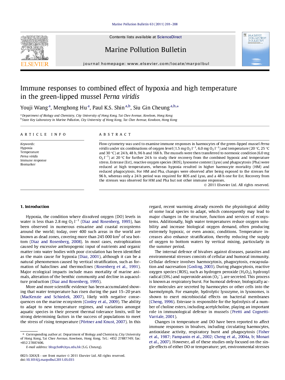 Immune responses to combined effect of hypoxia and high temperature in the green-lipped mussel Perna viridis