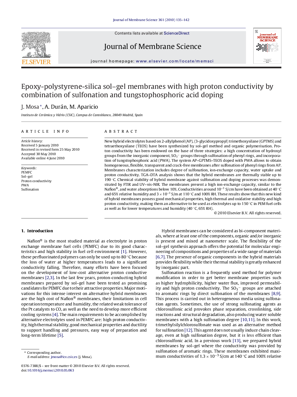 Epoxy-polystyrene-silica sol–gel membranes with high proton conductivity by combination of sulfonation and tungstophosphoric acid doping