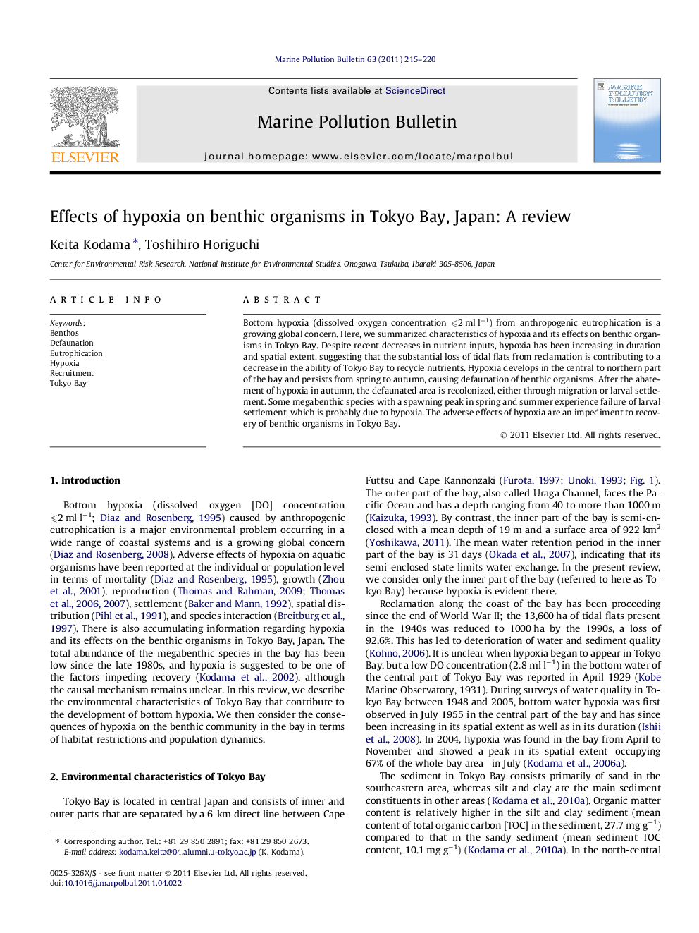 Effects of hypoxia on benthic organisms in Tokyo Bay, Japan: A review