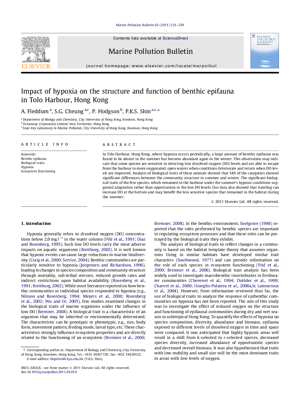 Impact of hypoxia on the structure and function of benthic epifauna in Tolo Harbour, Hong Kong