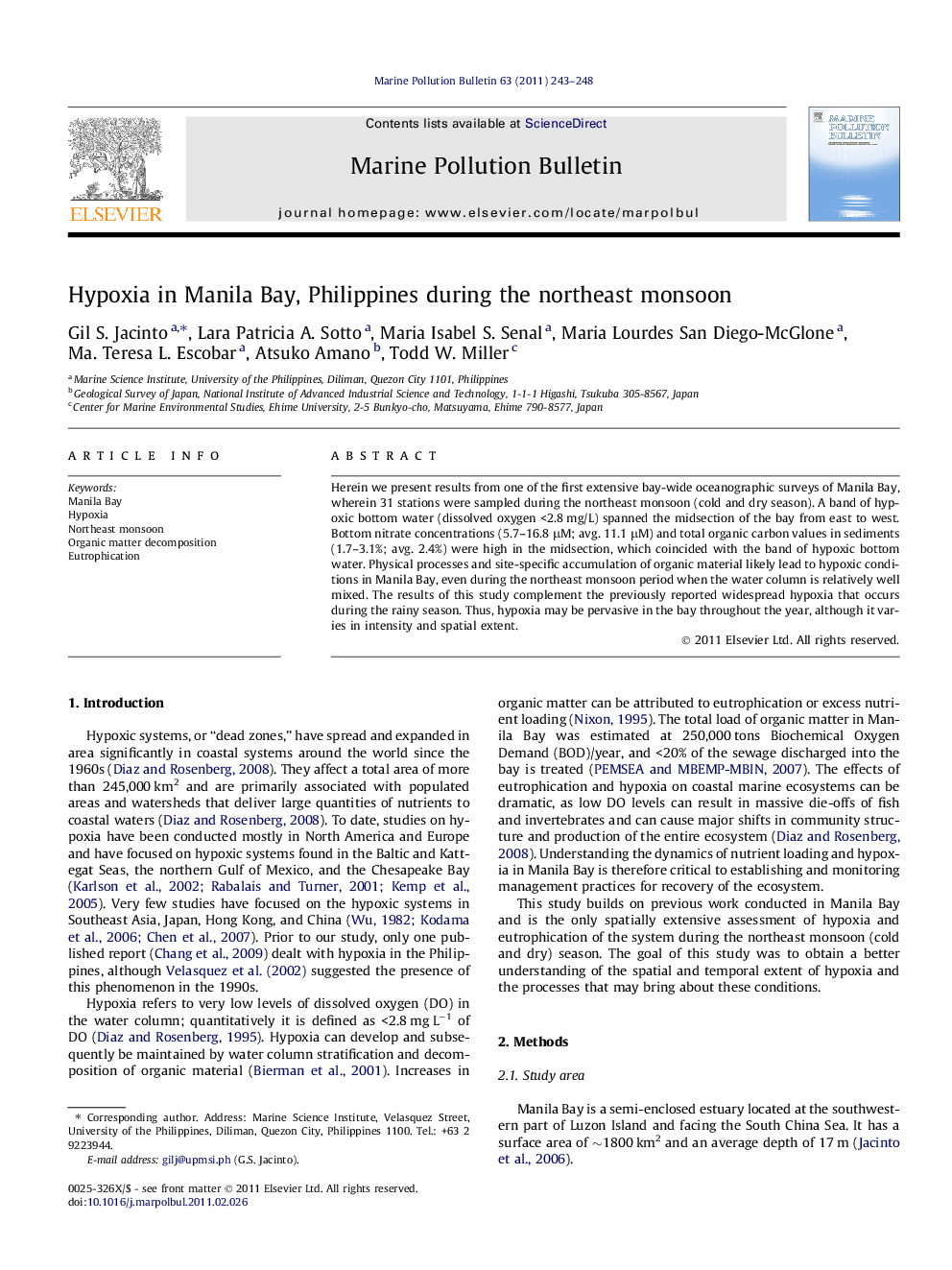 Hypoxia in Manila Bay, Philippines during the northeast monsoon