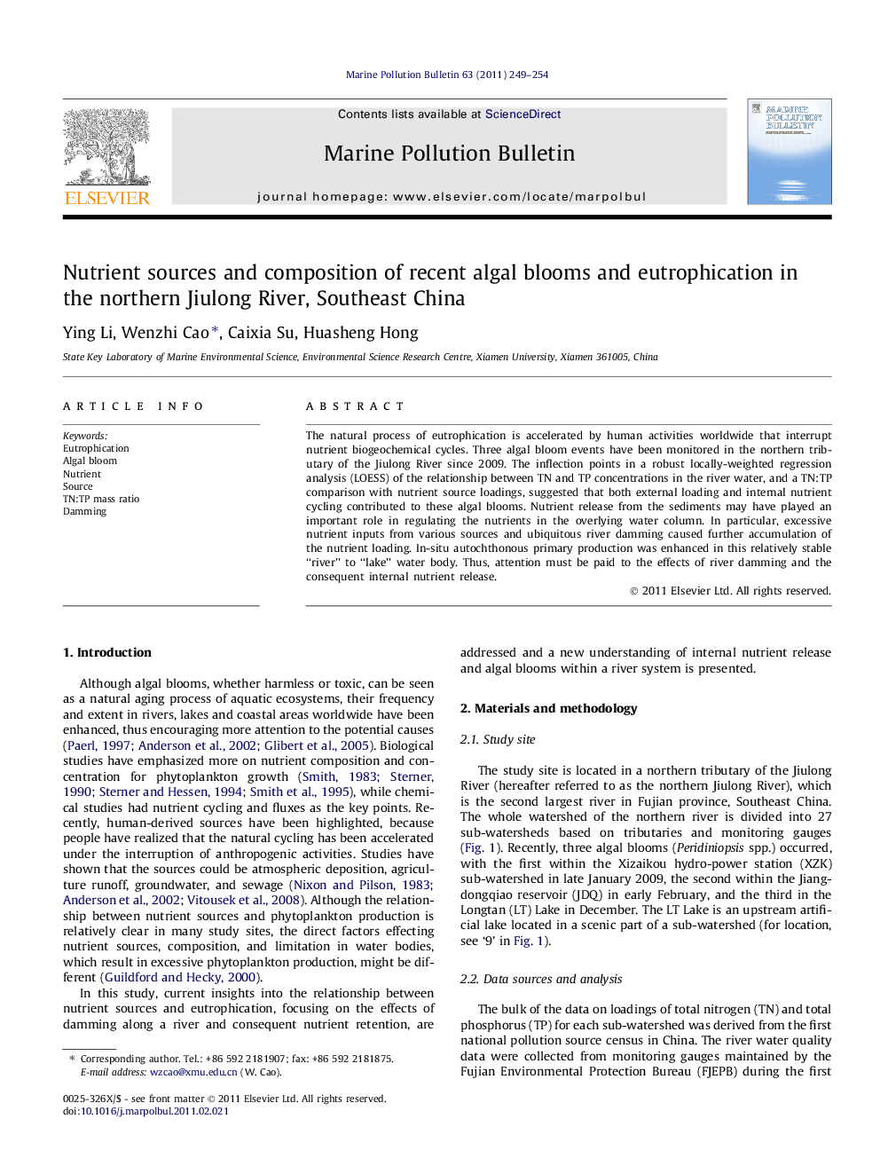 Nutrient sources and composition of recent algal blooms and eutrophication in the northern Jiulong River, Southeast China