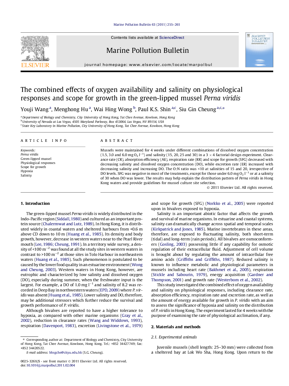 The combined effects of oxygen availability and salinity on physiological responses and scope for growth in the green-lipped mussel Perna viridis