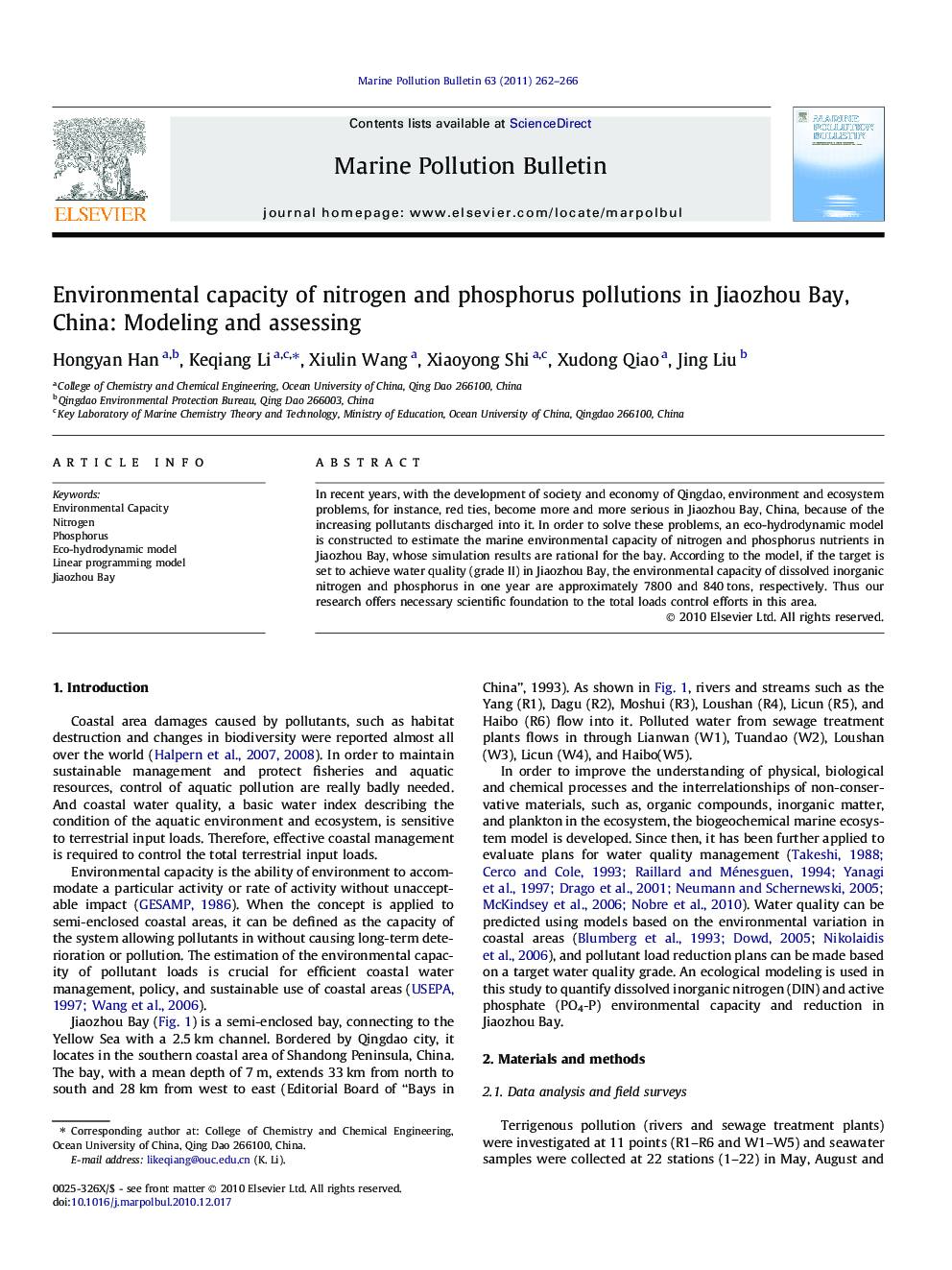 Environmental capacity of nitrogen and phosphorus pollutions in Jiaozhou Bay, China: Modeling and assessing