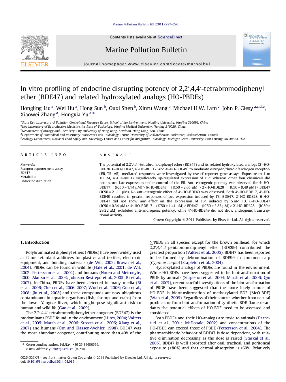 In vitro profiling of endocrine disrupting potency of 2,2â²,4,4â²-tetrabromodiphenyl ether (BDE47) and related hydroxylated analogs (HO-PBDEs)