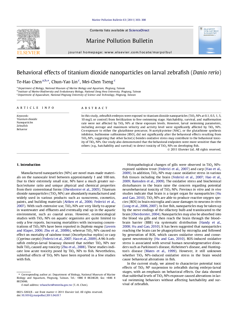 Behavioral effects of titanium dioxide nanoparticles on larval zebrafish (Danio rerio)