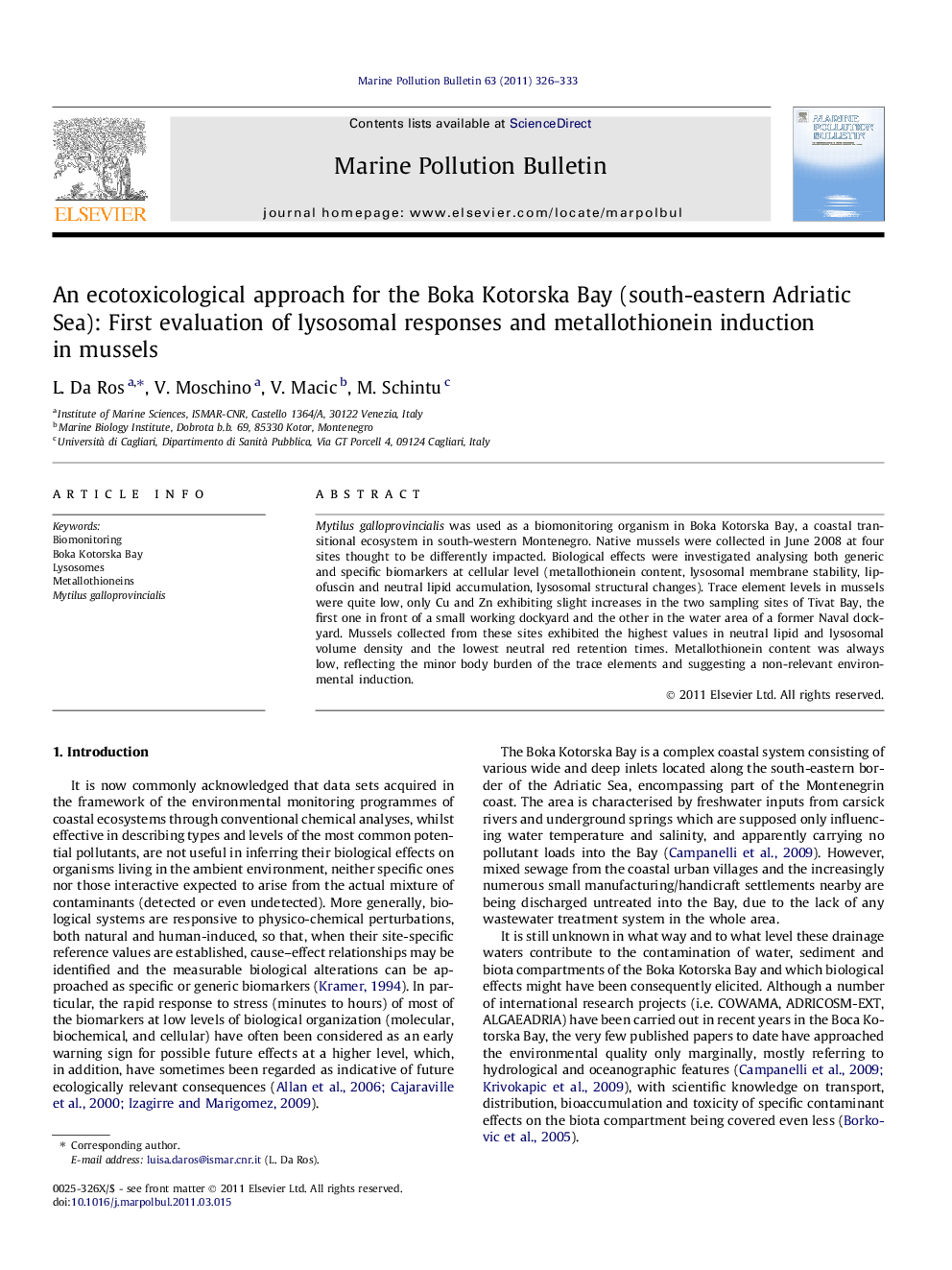 An ecotoxicological approach for the Boka Kotorska Bay (south-eastern Adriatic Sea): First evaluation of lysosomal responses and metallothionein induction in mussels