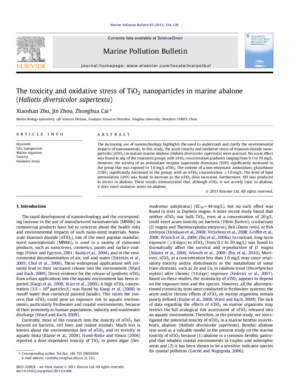 The toxicity and oxidative stress of TiO2 nanoparticles in marine abalone (Haliotis diversicolor supertexta)