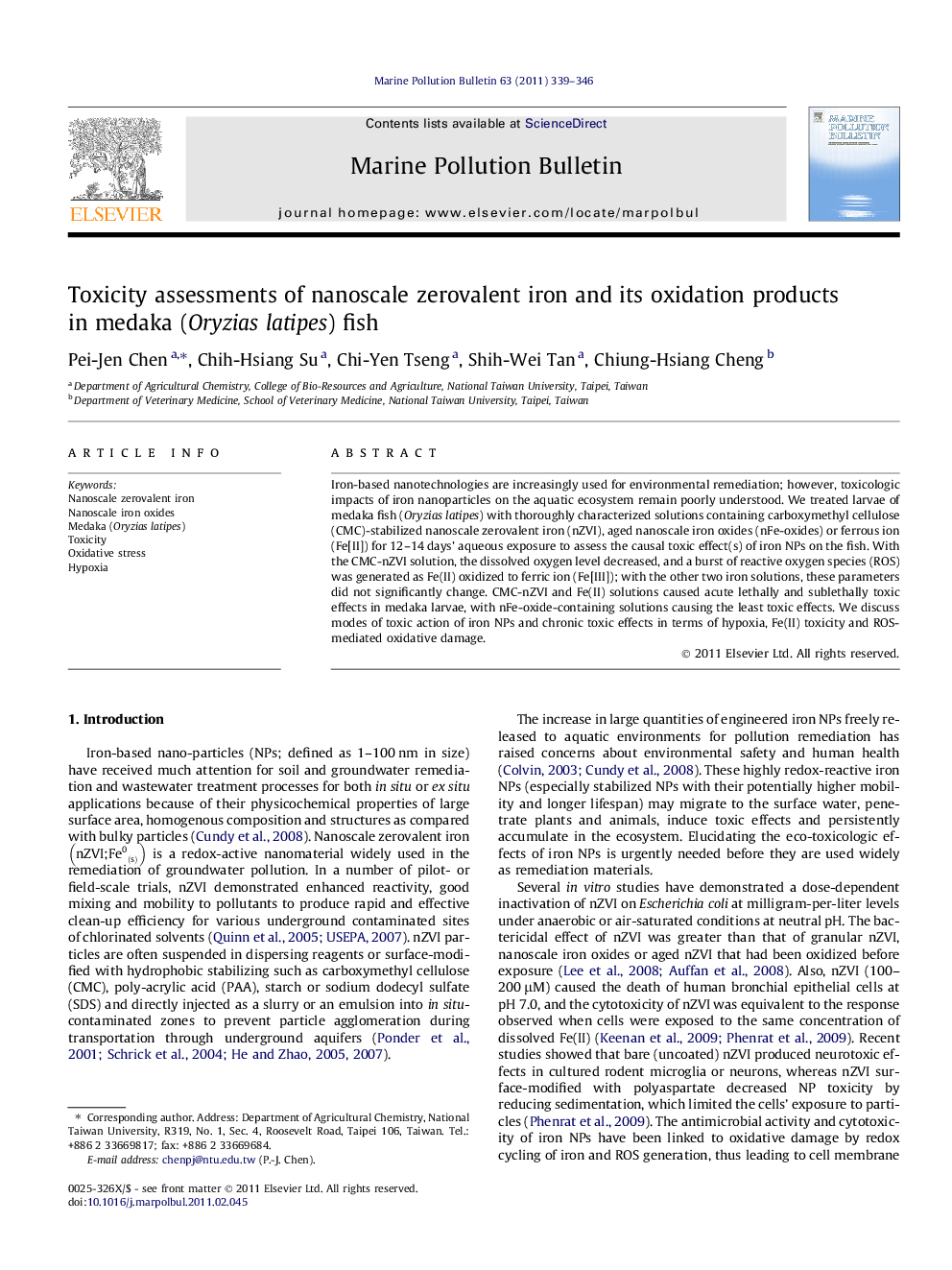 Toxicity assessments of nanoscale zerovalent iron and its oxidation products in medaka (Oryzias latipes) fish