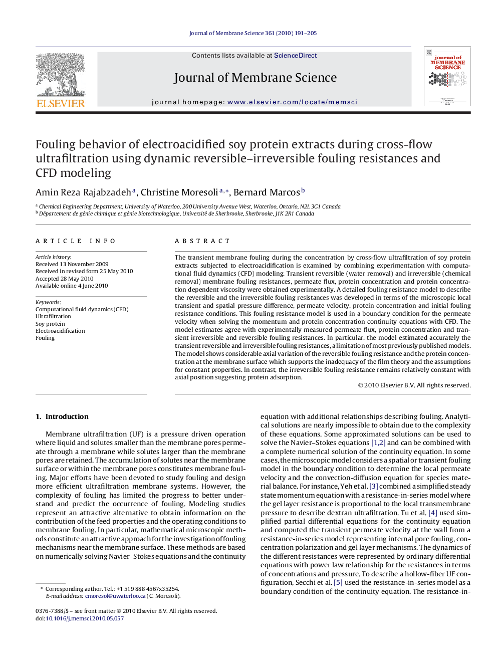 Fouling behavior of electroacidified soy protein extracts during cross-flow ultrafiltration using dynamic reversible–irreversible fouling resistances and CFD modeling