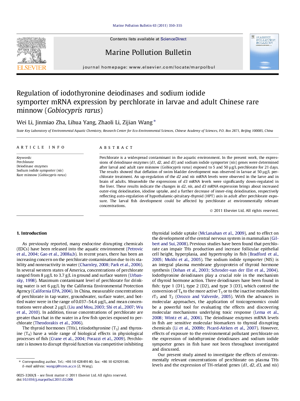 Regulation of iodothyronine deiodinases and sodium iodide symporter mRNA expression by perchlorate in larvae and adult Chinese rare minnow (Gobiocypris rarus)