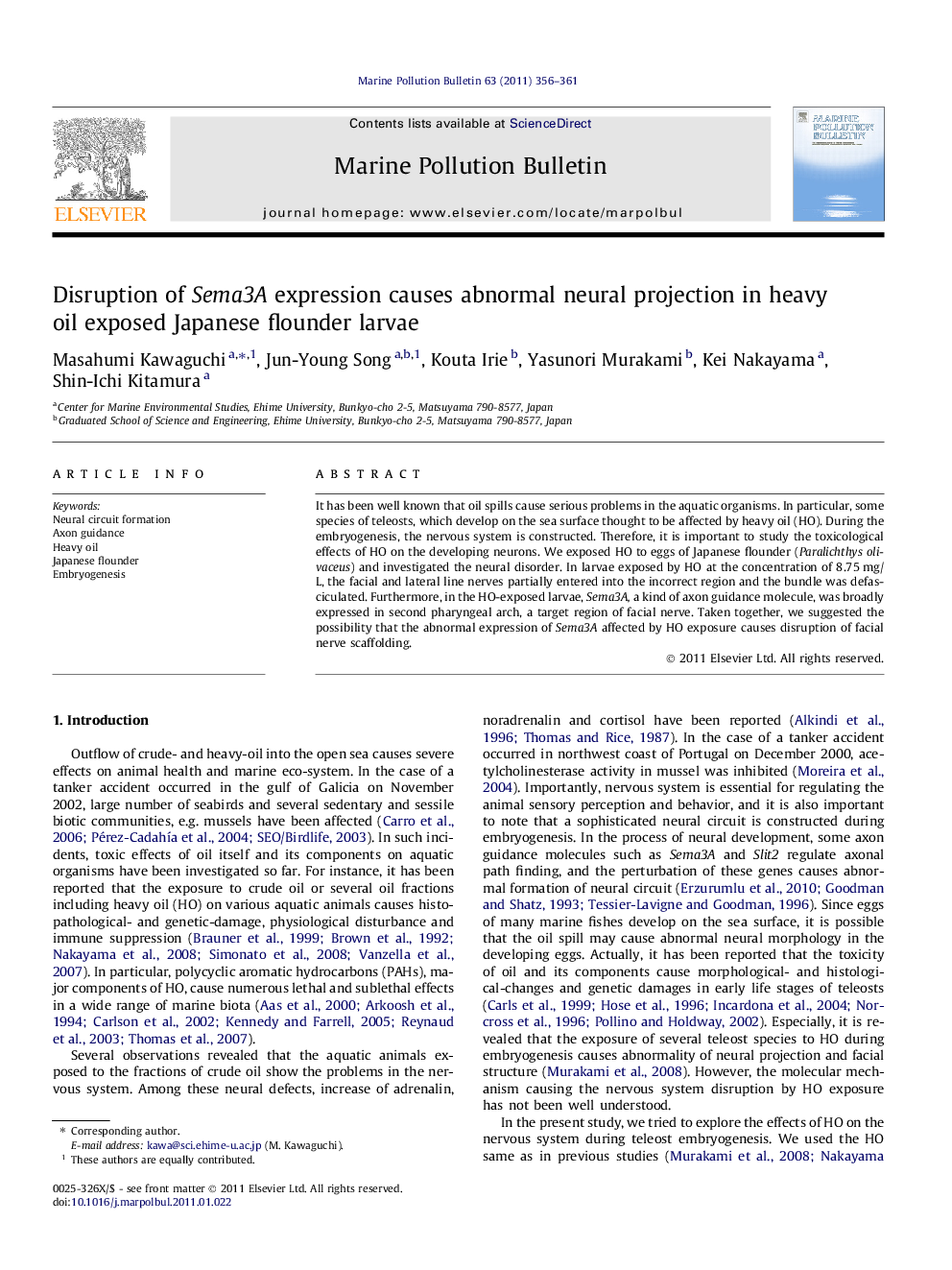 Disruption of Sema3A expression causes abnormal neural projection in heavy oil exposed Japanese flounder larvae