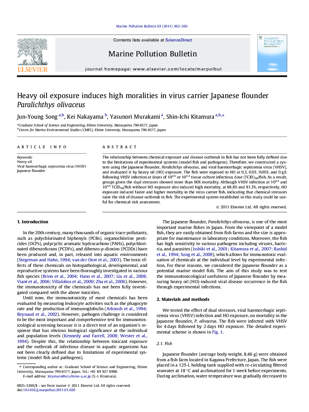 Heavy oil exposure induces high moralities in virus carrier Japanese flounder Paralichthys olivaceus