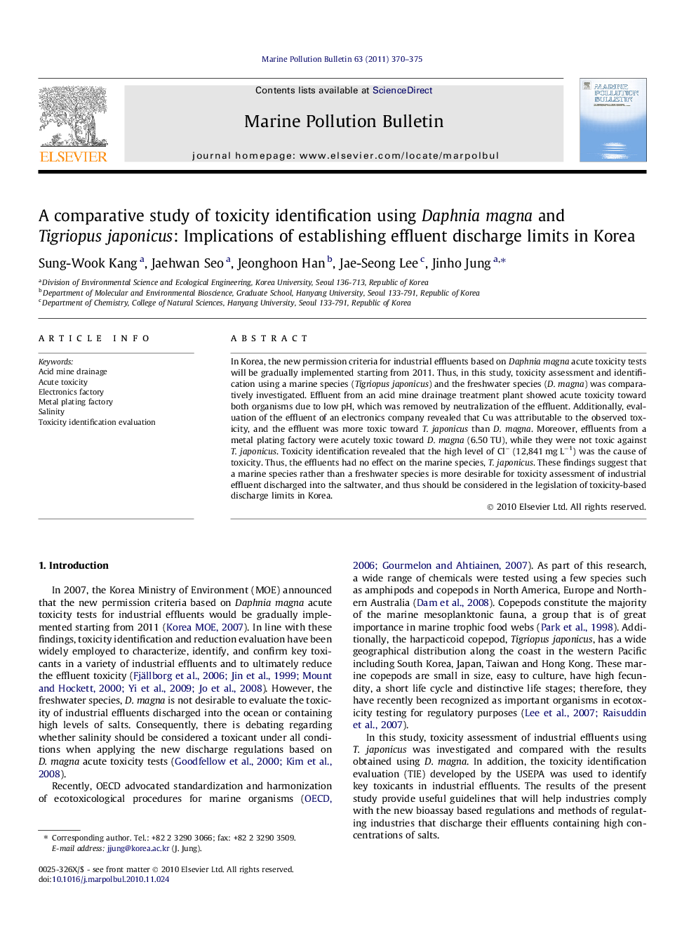 A comparative study of toxicity identification using Daphnia magna and Tigriopus japonicus: Implications of establishing effluent discharge limits in Korea