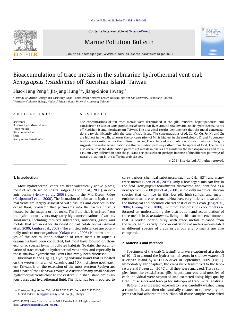 Bioaccumulation of trace metals in the submarine hydrothermal vent crab Xenograpsus testudinatus off Kueishan Island, Taiwan