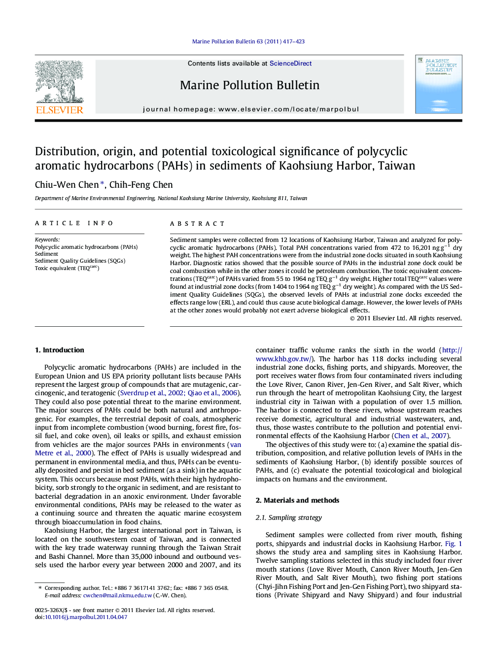 Distribution, origin, and potential toxicological significance of polycyclic aromatic hydrocarbons (PAHs) in sediments of Kaohsiung Harbor, Taiwan