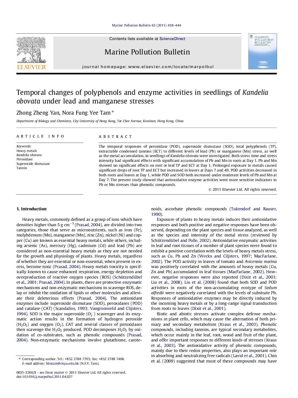 Temporal changes of polyphenols and enzyme activities in seedlings of Kandelia obovata under lead and manganese stresses