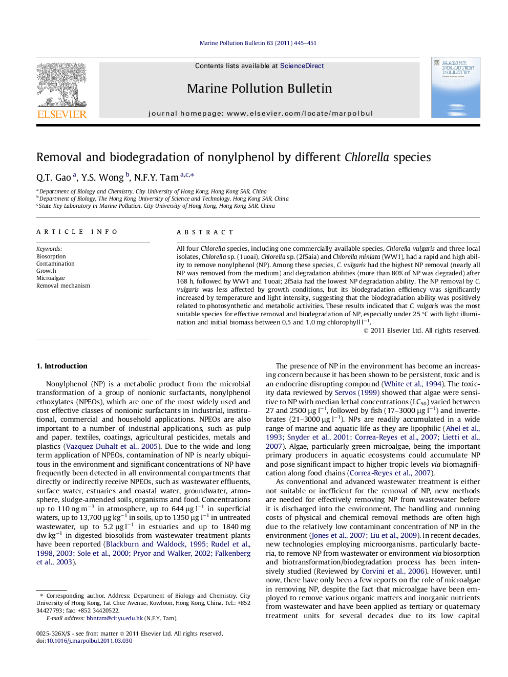 Removal and biodegradation of nonylphenol by different Chlorella species