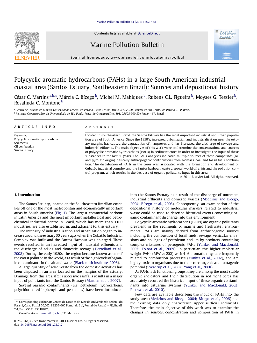 Polycyclic aromatic hydrocarbons (PAHs) in a large South American industrial coastal area (Santos Estuary, Southeastern Brazil): Sources and depositional history