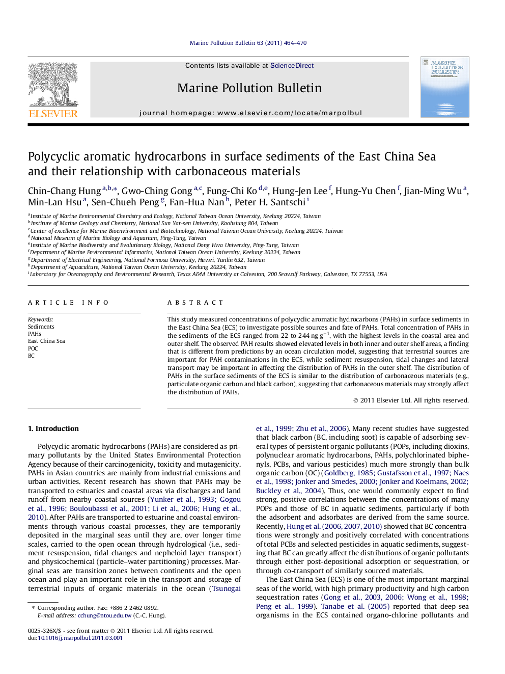 Polycyclic aromatic hydrocarbons in surface sediments of the East China Sea and their relationship with carbonaceous materials